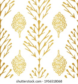 El oro abstracto vectorial forma un patrón sin fisuras sobre fondo blanco. Adecuado para tarjetas de invitación a la boda, embalaje, fondo de pantalla, tela y otros proyectos de diseño.  