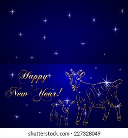 Vector abstract gold sketch of goat and goatling, symbol of New Year 2015 on blue Background