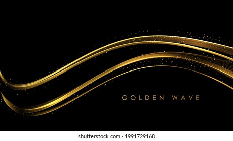 Vector Abstract Gold smoke Waves. Shiny golden moving lines design element with glitter effect on dark background for gift, greeting card and disqount voucher, wedding invitation.