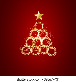 Vector Abstract Golden Christmas Tree with streamers bright on red background