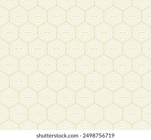 Vector abstract golden geometric pattern with hexagonal grid, wavy shapes, curved lines, stripes. Subtle minimal white and gold texture. Elegant modern luxury background. Repeated minimalist design