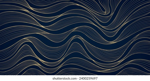 Vector abstract golden line background, luxury wave curve design, ribbon art deco texture. Ocean, river flow ornament