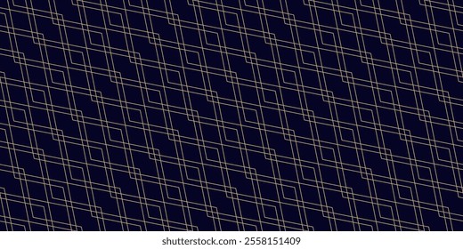 Vector abstract golden linear geometric seamless pattern. Black and gold minimal outline background. Subtle luxury ornament with rhombuses, diamonds, thin lines, diagonal grid. Trendy repeated design