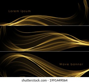 Vector abstract golden lines on black background. Abstract Gold Waves. Shiny golden moving lines design element with glitter effect on dark background for gift, greeting card and disqount voucher. 