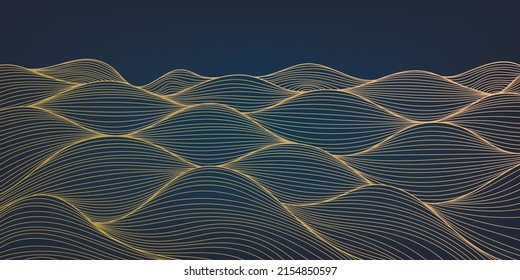 Patrón de lujo dorado abstracto vectorial, fondo de líneas. Fondo de pantalla de las artes en línea. Textura ondulada art deco para impresión, tela, diseño de embalaje. Mar, océano, arte paisajístico al estilo japonés