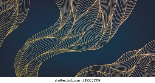 Vector abstract golden luxury pattern, lines background. Line arts wallpaper. Wavy art deco texture for print, fabric, packaging design. Sea, ocean, landscape art in japanese style