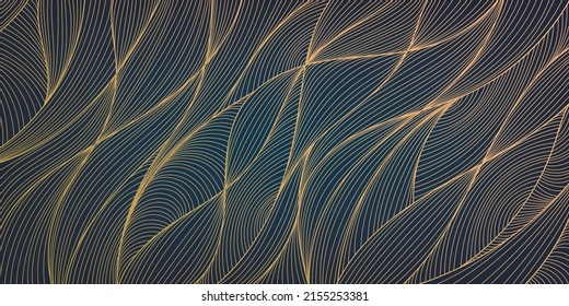 Vector abstract golden luxury pattern, lines background. Line arts wallpaper. Wavy art deco texture for print, fabric, packaging design. Sea, ocean, landscape art in japanese style