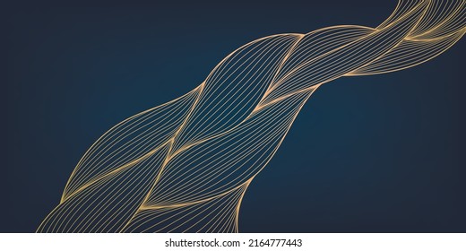 Vector abstract golden luxury pattern, lines background. Line arts wallpaper. Wavy art deco texture for print, fabric, packaging design. Sea, ocean, landscape art in japanese style