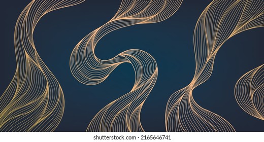 Vector abstract golden luxury pattern, lines background. Line arts wallpaper. Wavy art deco texture for print, fabric, packaging design. Sea, ocean, landscape art in japanese style