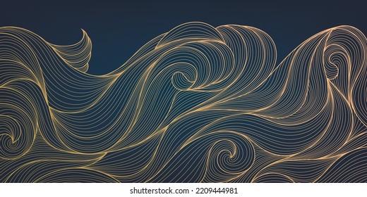 Vector abstract golden luxury pattern, wave lines background. Line arts wallpaper. Wavy art deco texture for print, fabric, packaging design. Sea, ocean, landscape art in japanese style