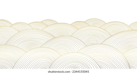 Vector abstract golden luxury pattern, lines background. Line arts wallpaper. Wavy, circle art deco texture for print, fabric, packaging design. Sea, ocean, landscape art in japanese style