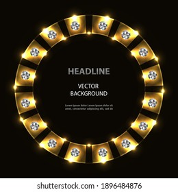 Vector abstract golden neon circle frame with silver spangles on black background. 
