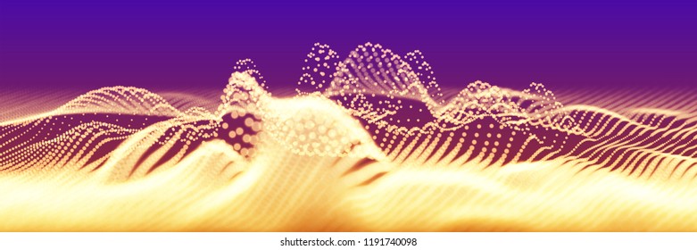 Vector abstract golden particle wave, points array, shallow depth of field. Futuristic illustration. Technology digital splash or explosion of data points. Point dance waveform. Cyber UI, HUD element