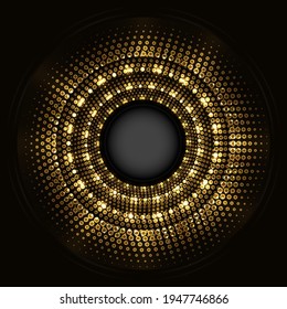 Abstrakter, goldener Ring mit Halftone Neonleuchten auf schwarzem Hintergrund. 