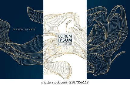 Vector abstract golden wave art deco design, line floral background. Geometric wine, cosmetic product, tea package. Elegant shape
