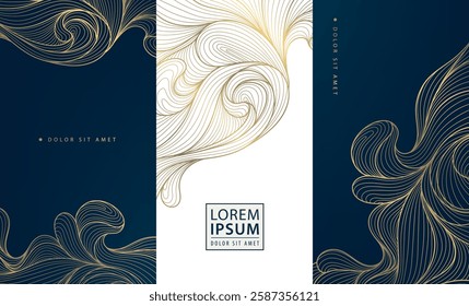 Vector abstract golden wave art deco design, line floral background. Geometric wine, cosmetic product, tea package. Elegant shape