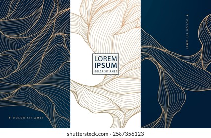Vector abstract golden wave art deco design, line floral background. Geometric wine, cosmetic product, tea package. Elegant shape