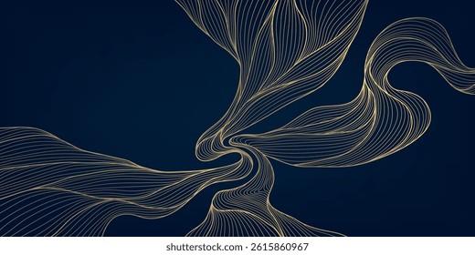 Vector abstract golden wave on dark backgrounds. Thin line modern premium shape, premium curve glitter graphic template, flow vintage art deco pattern