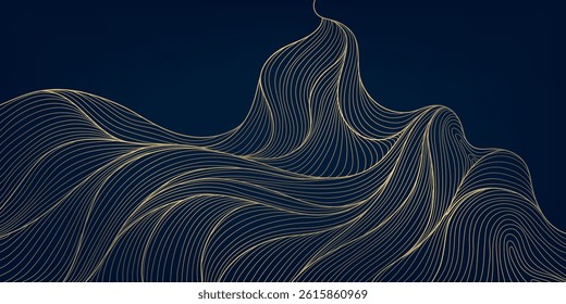Vector abstract golden wave on dark backgrounds. Thin line modern premium shape, premium curve glitter graphic template, flow vintage art deco pattern