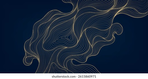 Vector abstract golden wave on dark backgrounds. Thin line modern premium shape, premium curve glitter graphic template, flow vintage art deco pattern