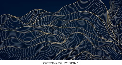 Vector abstract golden wave on dark backgrounds. Thin line modern premium shape, premium curve glitter graphic template, flow vintage art deco pattern