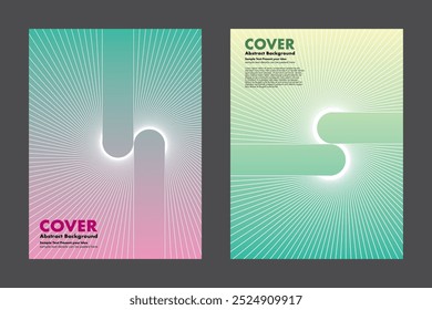 Vector abstract gradient background radial line patterns, curve and converge towards a central point. Both covers emphasize modern minimalist aesthetics with clean lines and geometric shapes.