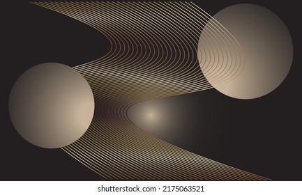 Vector abstract gradient black background with golden wavy lines geometric round shapes for backdrops.