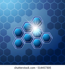 Vector abstract gradient blue background with hexagon shapes and glow.