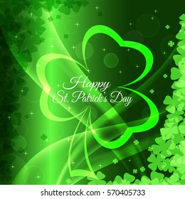 Vector abstract gradient green background for Happy St. Patrick's Day with leaves of clover pattern, waves and glowing silhouette.