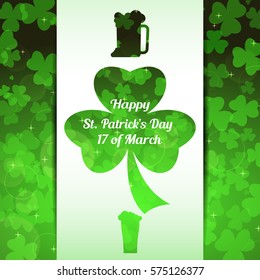 Vector abstract gradient green background for Happy St. Patrick's Day with white stripe, leaves of clover pattern and cutout silhouette of goblets of beer.