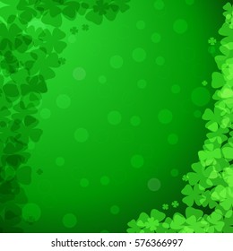 Vector abstract gradient green background for Happy St. Patrick's Day with clover leaves arranged at corners.