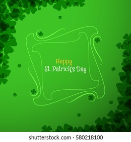 Vector abstract gradient green background for Happy St. Patrick's Day with clover leaves arranged at corners, openwork frame in the center.