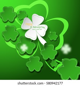 Vector abstract gradient green background for Happy St. Patrick's Day with leaves of clover shapes and glowing silhouette.