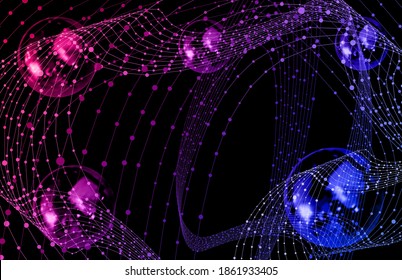 Vector Abstract Gradient Neon Colored Background with Bubbles, 3D Illustration, Abstract Swirls, Connected Dots, Colorful Banner Template.