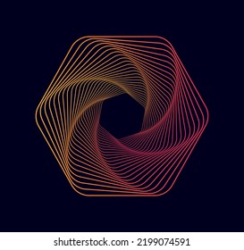 Vector Abstract Gradient Spirals Isolated On Dark Background. Vector Illustration Of Sacred Geometry.
 Twisted Colored Spirals. Spiral Tunnels In The Shape Of A Hexagon.
Wireframe  Shape.
Design Logo