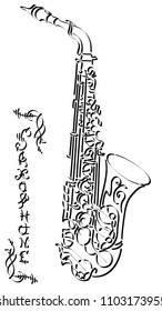 Vector abstract graphic arts sketch of drawing saxophone (black ink).