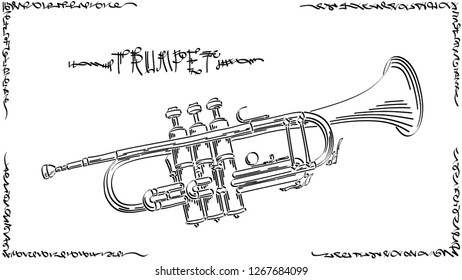 Vector abstract graphic arts sketch of drawing trumpet ( wind musical instrument ).