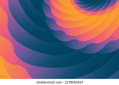 Vector abstract graphic background in the form of multi-colored gradient dark blue, purple, orange, yellow and pink lines in the form of waves overlapping each other in the form of flowers. Vector eps