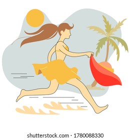 vector abstract graphic cartoon summer time collection flat illustrations with beauty running girl character in bikini on the beach isolated on white background