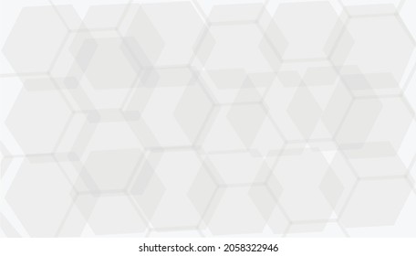 Vector abstract graphic design background. Light grey hexagons covering entire frame and overlapping showing darker sections, translucent. Copy space.