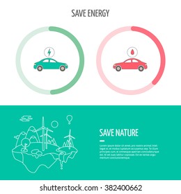 Vector abstract graphic illustration with two cars (where are used sun energy and gas oil). 'Save energy' and "Save nature" exhortations. Poster with info-graphic elements, charts, sample text.
