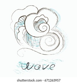 Vector abstract graphic image of wave on white background with sign. Stylish sea logo in blue and black colors