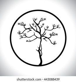 Vector. Abstract graphic silhouette of a tree on white background. Stylized decorative image. Natural eco product logo, symbol