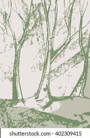 Vector. Abstract graphic silhouette of trees. Graphic arts. The original painted. The stylized image of a creative forest