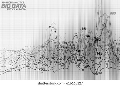 Vector abstract grayscale financial big data graph visualization. Futuristic infographics aesthetic design. Visual information complexity. Intricate data threads chart. Business analytics