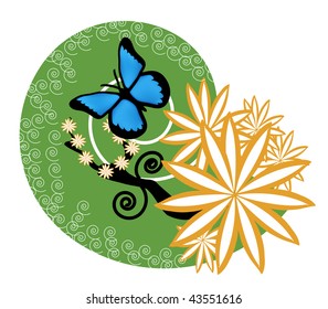 vector abstract green background with blue butterfly isolated on white