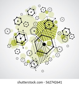 Vector abstract green background created in Bauhaus retro style. Modern geometric composition can be used as templates and layouts. Engineering technological wallpaper made with honeycombs.