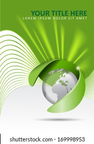 Vector abstract green background with a globe and rays of light in the background. Can be used for brochures, posters, flyers.