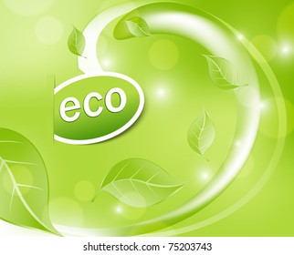 vector abstract green background with leaves, waves, and the inscription eco