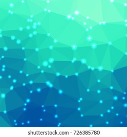 Vector abstract green and blue geometric background - triangles with lights in corners. Low poly square format pattern.